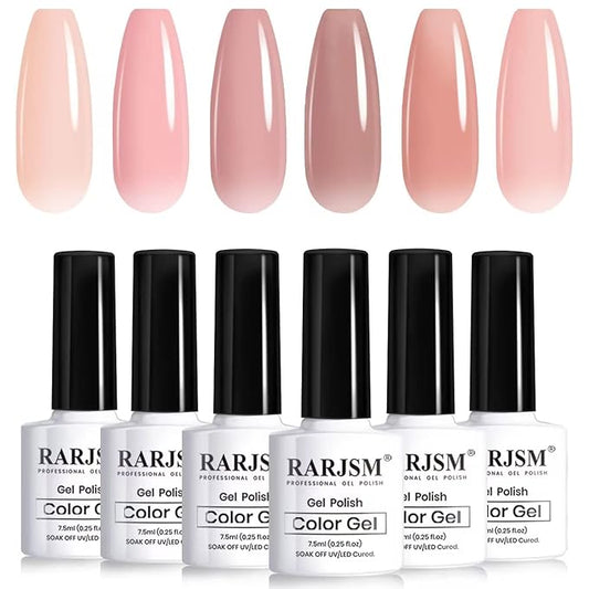 RARJSM Nude Gel Polish Set Jelly Pink Collection of 6 Transparent Natural Colors Sheer Pink Milky Mavue Purple Light Brown French Manicure LED UV Gel Nail Polish Soak Off Curing Requires Home Salon-BrightBean Baby