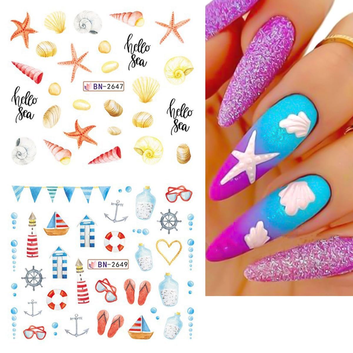Summer Nail Art Stickers 12 Sheets Seashell Starfish Water Transfer Foils Decals Jellyfish Shells Sea Turtles Seahorses Design Acrylic Ocean Theme Supplies for Women DIY Decor-BrightBean Baby