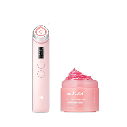 medicube Pink Skincare Set for Glass Glow Skin: Age-R Booster Pro Pink | 6-in-1 Real Glass Glow Beauty Massager and Collagen Jelly Cream- Niacinamide & Freeze-Dried Hydrolyzed Collagen 110ml-BrightBean Baby