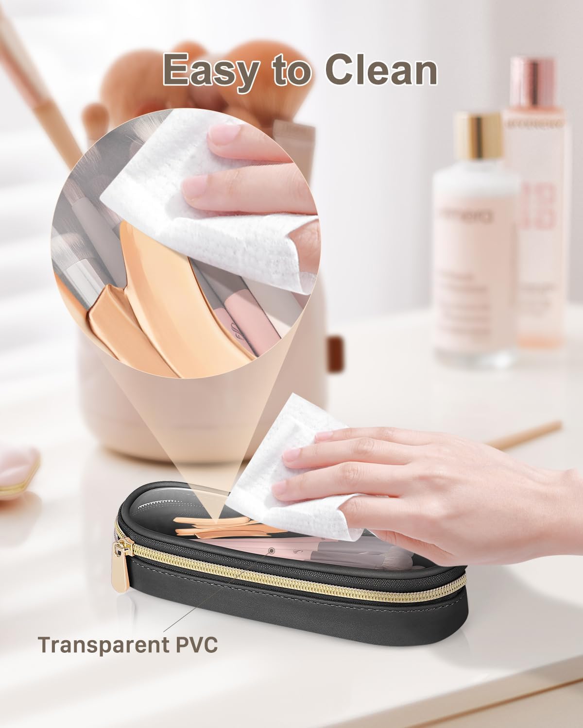 Clear Travel Makeup Brush Holder, Leather Makeup Brush Toiletry Bag, Portable Cosmetic Brush Case, Transparent Waterproof Makeup Brush Storage Bag, Black, Large-BrightBean Baby