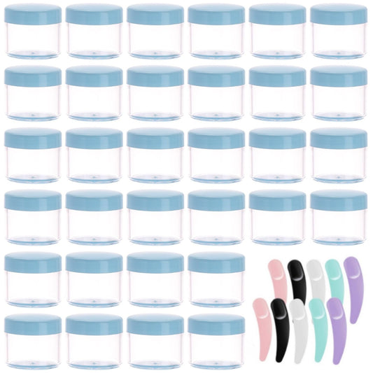Refillable Cosmetic Sample Jars - 100 Pack 20g (0.7oz) Blue Small Travel Containers with Lids + 10 Mini Makeup Spatulas - BPA Free-BrightBean Baby