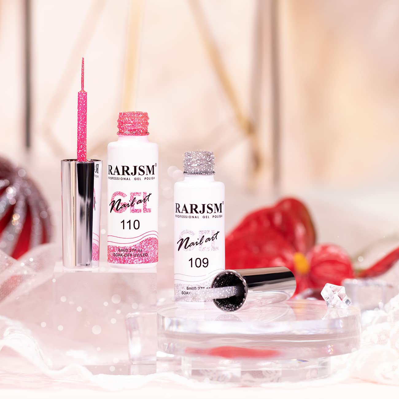 RARJSM Gel Liner Nail Art Reflective Glitter Gel Nail Polish Thin Brush Silver Neon Hot Pink Flash Diamond PaintedGel 2PCS Set Soak off Curing Requires 8ml for Home Salon Diy Nail Design Decoration-BrightBean Baby