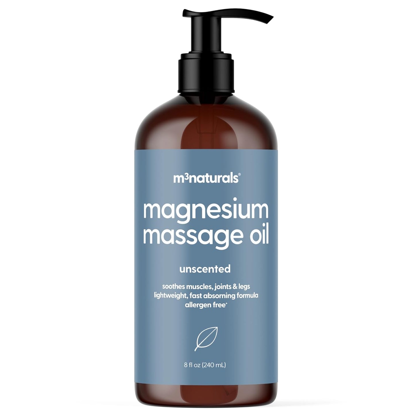 Unscented Magnesium Massage Oil for Sore Muscles, Feet, Joints and Leg Cramps, Helps with Sleeping and Post-Workout Recovery, Fragrance Free Formula for Sensitive Skin, 8 fl oz by M3 Naturals-BrightBean Baby