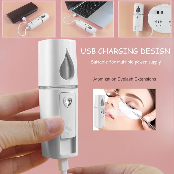Nano Facial Mister Portable Mist Sprayer with Mirror Mini Cool Mist Spray for Skin Care & Facial Body Moisturized & Eyelash Extensions, USB Rechargeable (White)-BrightBean Baby