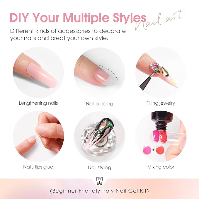 ROSALIND Poly Nail Gel Kit -14 Colors +72 Nail Art Accessories kit Nude Pink Poly Nails Gel Kit Starter Kit with Mini UV Lamp Slip Solution Basic Poly Nail Art Tools for Beginners with Everything-BrightBean Baby