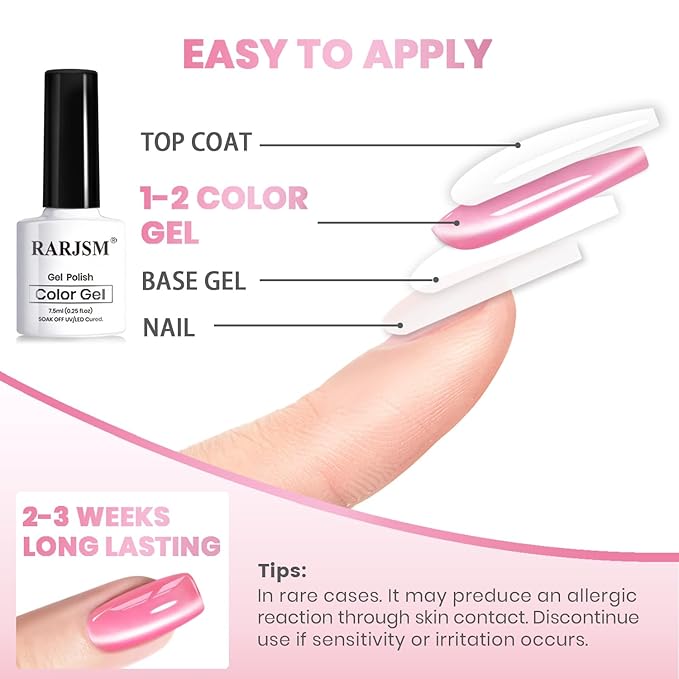 RARJSM Nude Jelly Glass Cat Eye Gel Nail Polish Set 6Pcs Champagne Gold Rose Blush Metal Pink Red Smoothie Ceramics Cateye Silver Glitter Gelpolish with Magnetic Stick UV LED Curing Require Home Salon-BrightBean Baby