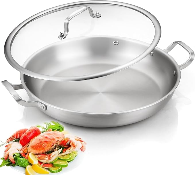 DELARLO 14" Tri-Ply Stainless Steel Nonstick Paella Pan with Lid