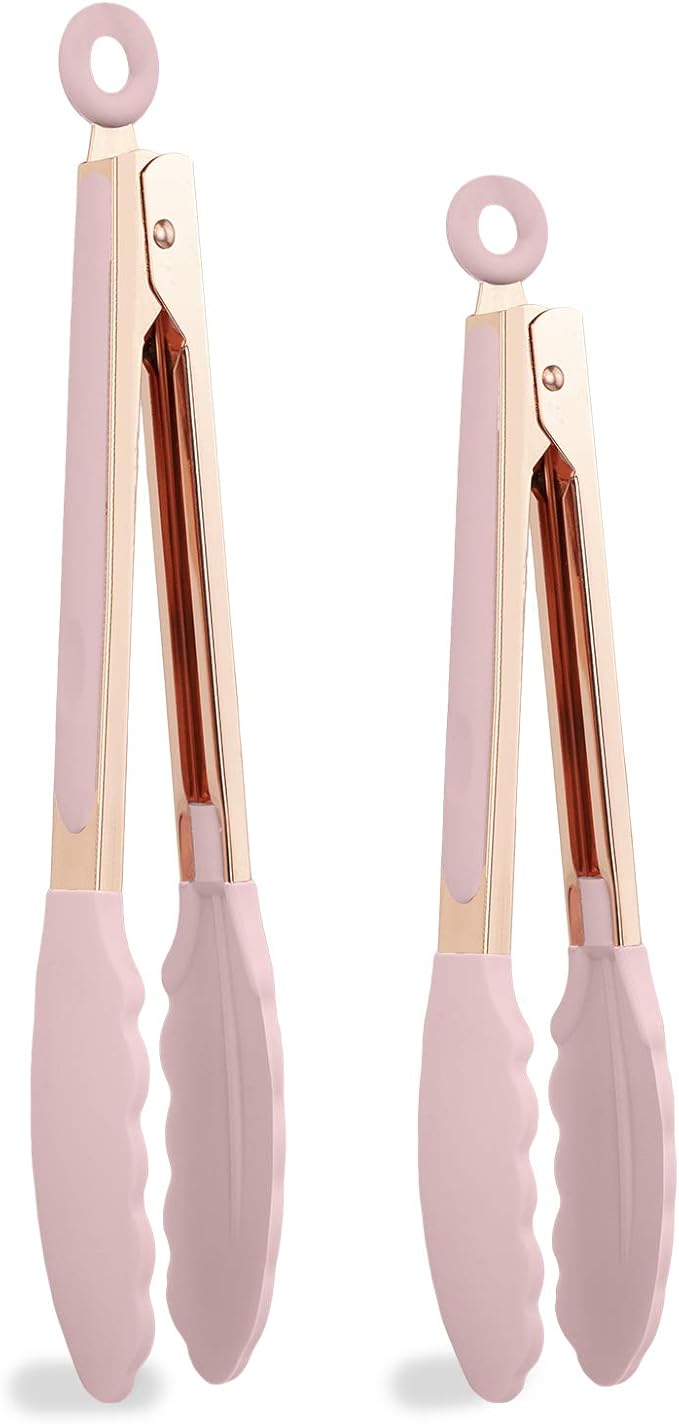 COOK WITH COLOR Stainless Steel Silicone Tipped Kitchen & BBQ Tongs Set, 2 Pc Tongs, Pink