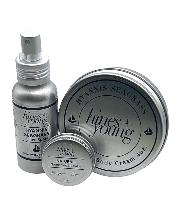 Hines+Young Travel Tins Gift Set - 4 oz Body Cream, 2 oz Linen Spray, Natural Lip Balm - Skin Care and Refreshing Home Fragrance, Ideal Self-Care Gift Set (Pack of 3, Hyannis Seagrass)-BrightBean Baby