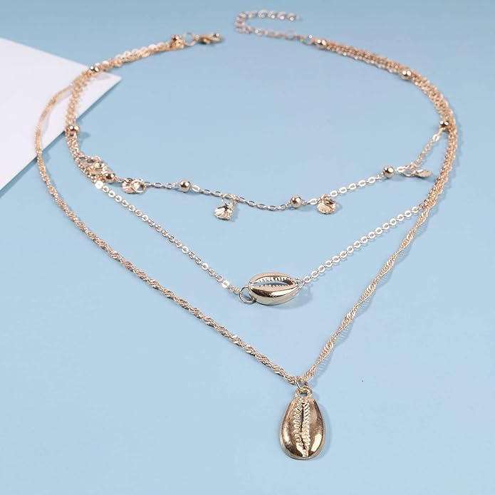 Boho Coin Disc Necklace Choker Gold Layered Shell Pendant Necklace Vintage Seashell Necklace Retro Singapore Chain Necklace Jewelry for Women Gifts-BrightBean Baby