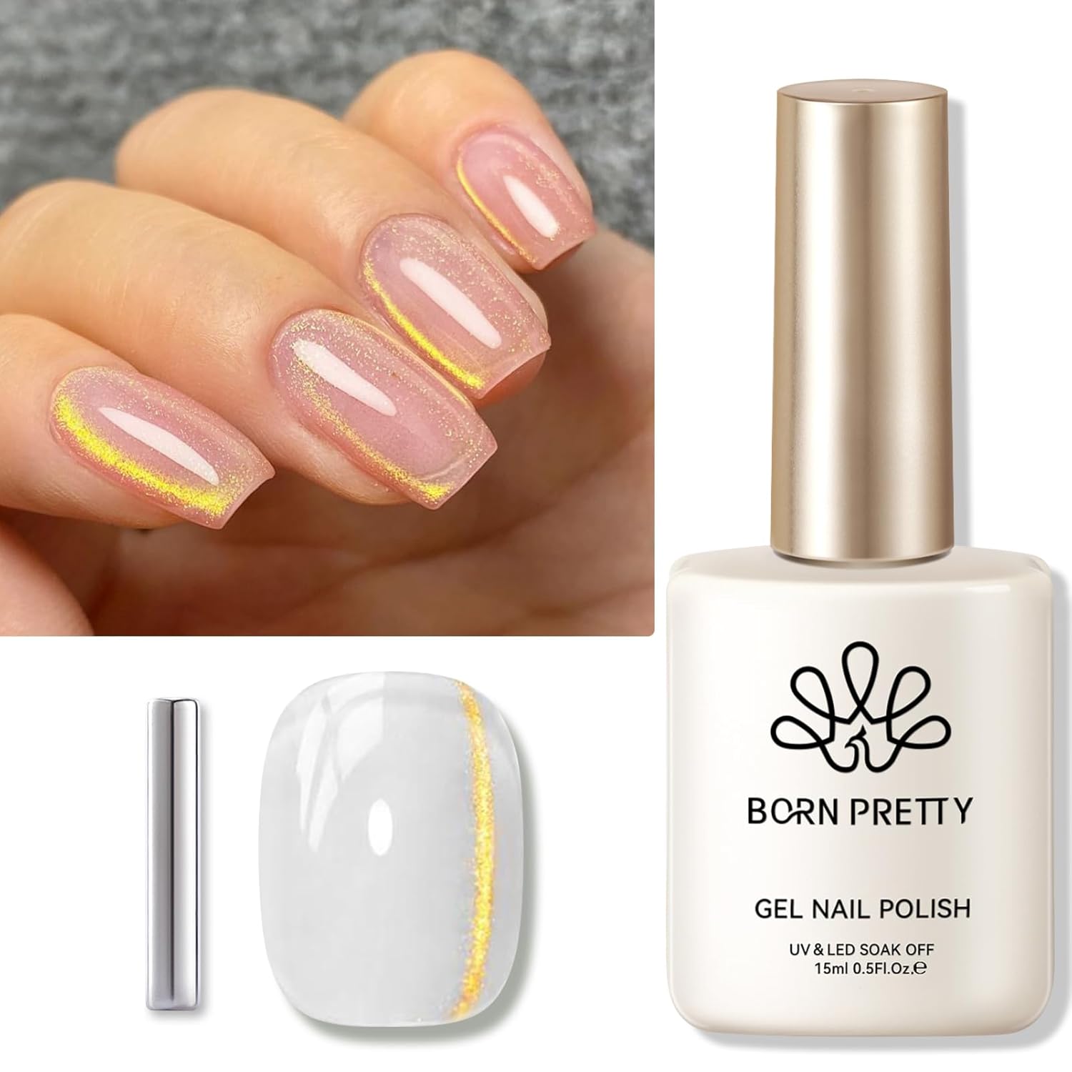 BORN PRETTY Cat Magnetic Eye Gel Nail Polish, Golden Ribbon Cat Magnetic Gel Nail Polish Magnetic Nail Polish for Nail Art Manicure Salon DIY at Home 15ML-BrightBean Baby