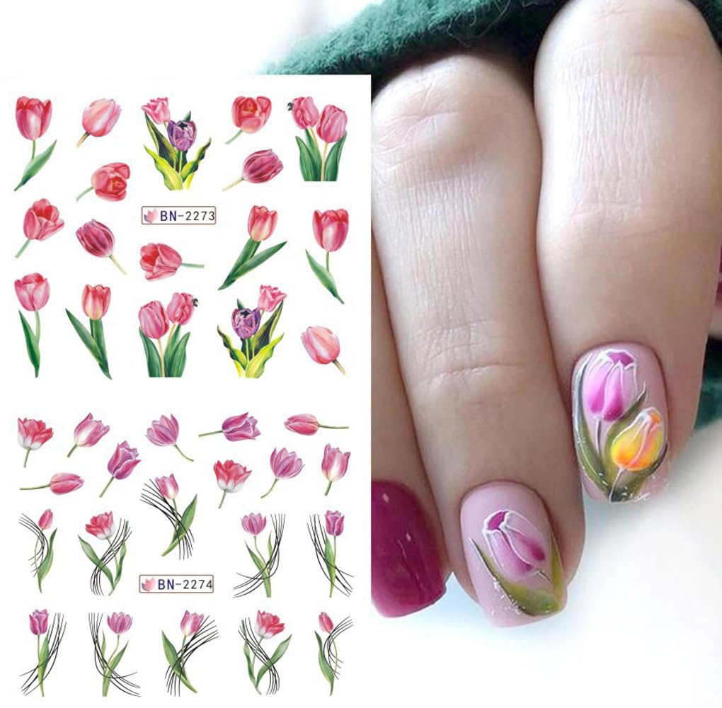 Flowers Nail Art Stickers Decals Tulip Floral Leaf Watercolor Nail Art Decals Transfer Foils for Nails Supply Butterfly Flowers Designs Nail Tattoo Sliders for Women DIY Manicure Nail Decoration 12PCS-BrightBean Baby