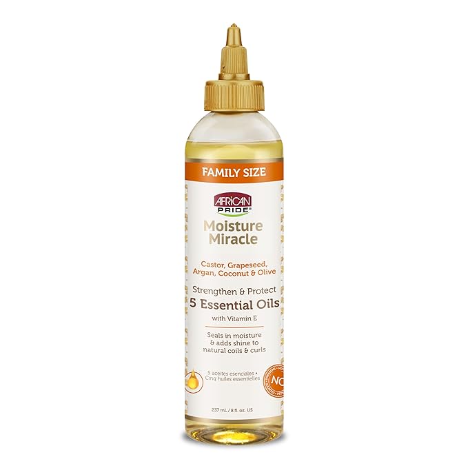 African Pride Moisture Miracle 5 Essential Hair Oils with Vitamin E | Moisture, Shine, Protection, and Growth | Argan, Castor, Grapeseed, Coconut, and Olive Oil | 8 oz-BrightBean Baby