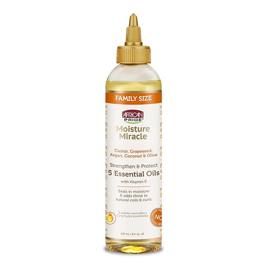 African Pride Moisture Miracle 5 Essential Hair Oils with Vitamin E | Moisture, Shine, Protection, and Growth | Argan, Castor, Grapeseed, Coconut, and Olive Oil | 8 oz-BrightBean Baby