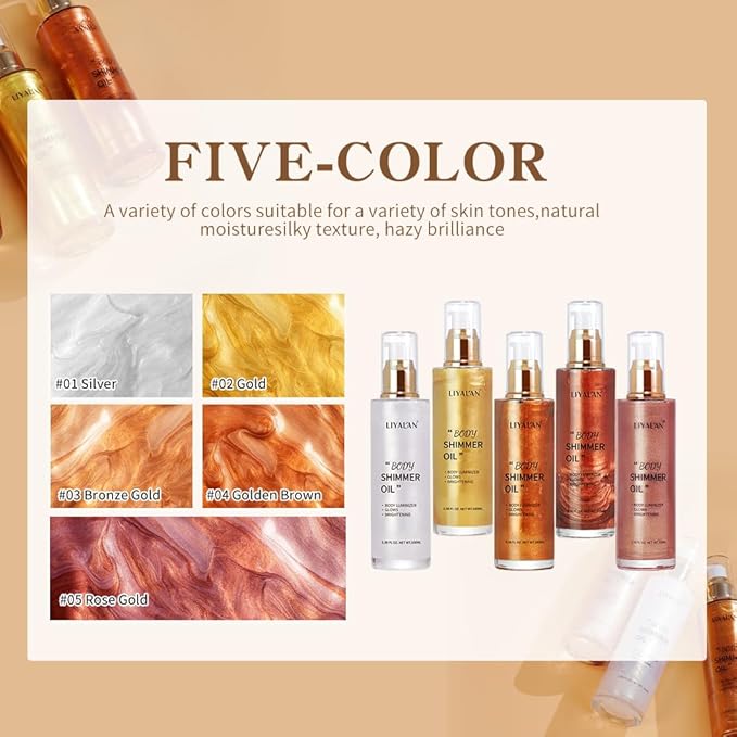 Liyalan Shimmer Body Oil Golden Brown 5 Color Bronze Face Glow Pearl Highlighter Illuminator Body Makeup Shine Glitter Gold Liquid Taning 3.38 Fl Oz-BrightBean Baby