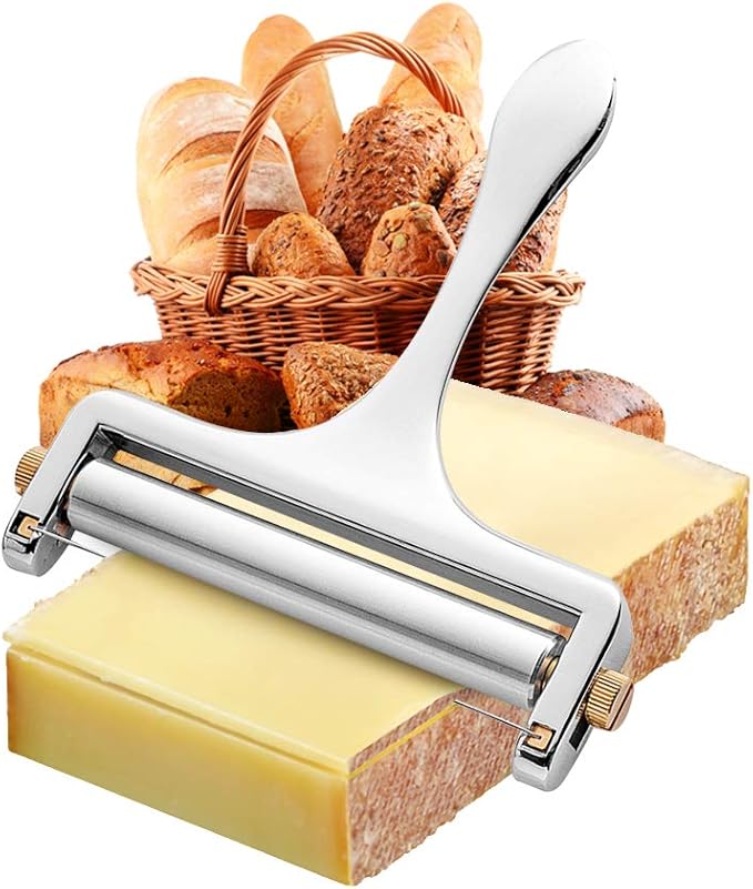 NANEEZOO Cheese Slicer, Adjustable Thickness Heavy Duty Stainless Steel Cheese Slicers With Wire for Soft & Semi-Hard Cheeses - 4 Replacement Stainless Steel Cutting Wire Included (Silver)