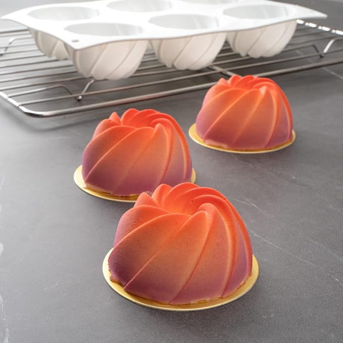 Pastry Tek 6 Cavities Mini Bundt Cake Pan, 1 Oven-Ready Mini Fluted Tube Cake Pan - Flexible, Freezable, White Silicone Baking Mold, Easy Release, For Baking Cupcakes or Donuts - Restaurantware