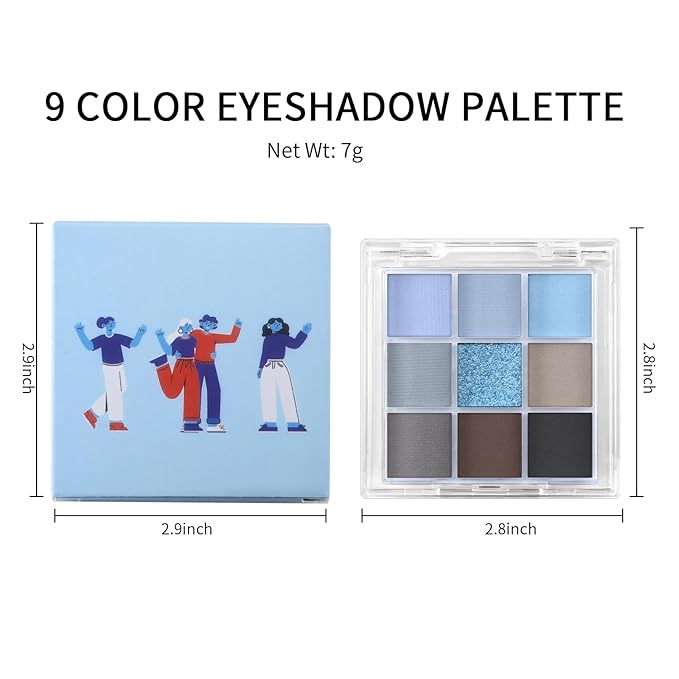 Erinde 9 Colors Eyeshadow Palette, Matte Shimmer Glitter Eye Shadow Palette Makeup, Highly Pigmented Long Lasting Waterproof, Natural Neutral Nude Eyeshadow Make Up Pallet, Blue-BrightBean Baby