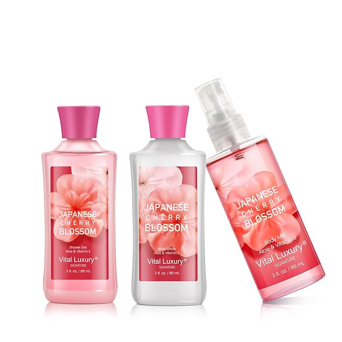 Bath & Body Kit Japanese Cherry Blossom, 3 Fl Oz, Ideal Skincare Gift, Home Spa Set, Includes Body Lotion, Shower Gel and Fragrance Mist, Perfect for Christmas Gifts and Festive Pampering-BrightBean Baby
