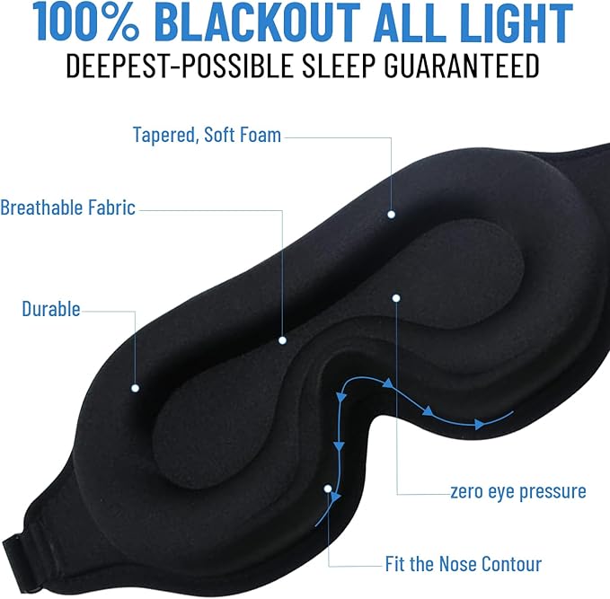 3D Sleep Mask for Men Women | 100% Blackout, Zero Eye Pressure, Breathable Material | Comfortable Night Blindfold for Sleeping, Travel and Meditation (Black)-BrightBean Baby