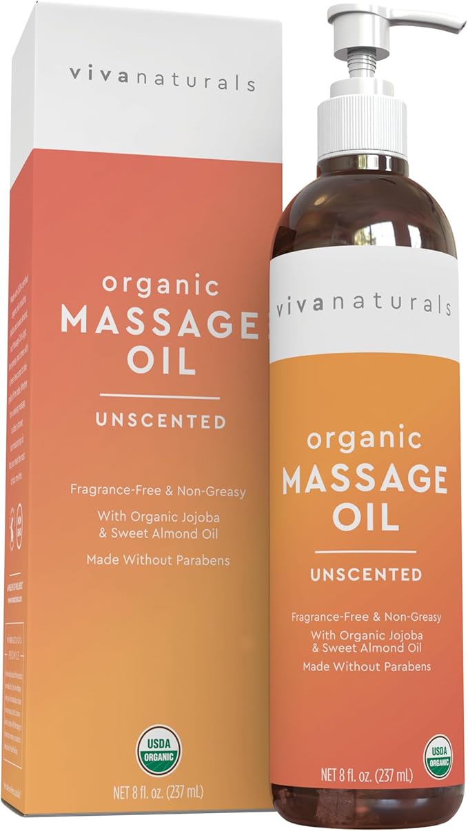 Viva Naturals Organic Massage Oil Unscented (8 fl. oz.) - Non-Greasy Body Oil with Mess-Free Pump, Moisturizing Massage Oils for Massage Therapy, Non-GMO and Certified Organic, 237 mL-BrightBean Baby