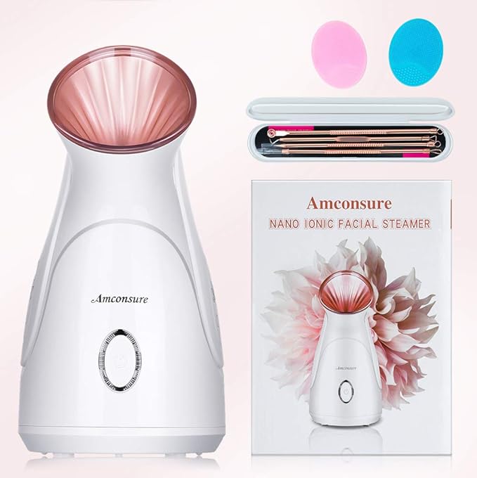 Facial Steamer, Amconsure Nano Ionic Face Steamer for Home, 100ML Warm Mist Humidifier for Women Moisturizing, Unclogs Pores-Bonus Stainless Steel Skin Kit and 2 Face Scrubbers-BrightBean Baby