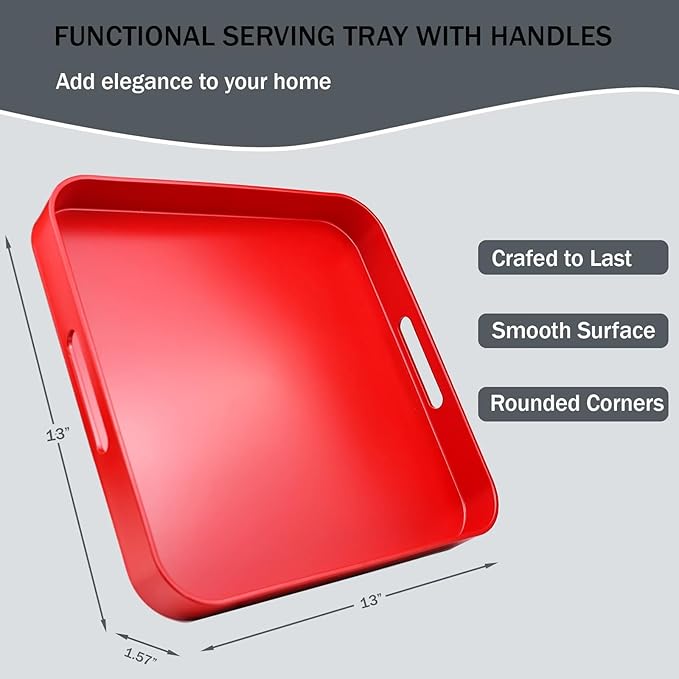 Square Red Decorative Serving Tray with Handles, Versatile Ottoman Tray for Coffee Table, Entertaining, Outdoor Patio, Living Room, 13”*13”*1.6”