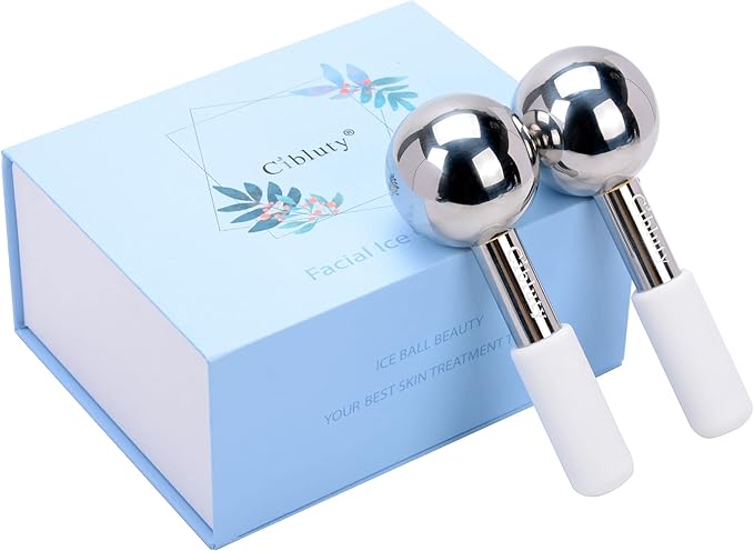 Facial Ice Roller by CIBLUTY- 2PC Stainless Steel Face Globes for Cold or Hot Skin Massagers Durable Unbreakable Globes with White Silicone Handle for Face and Body Fitness-BrightBean Baby