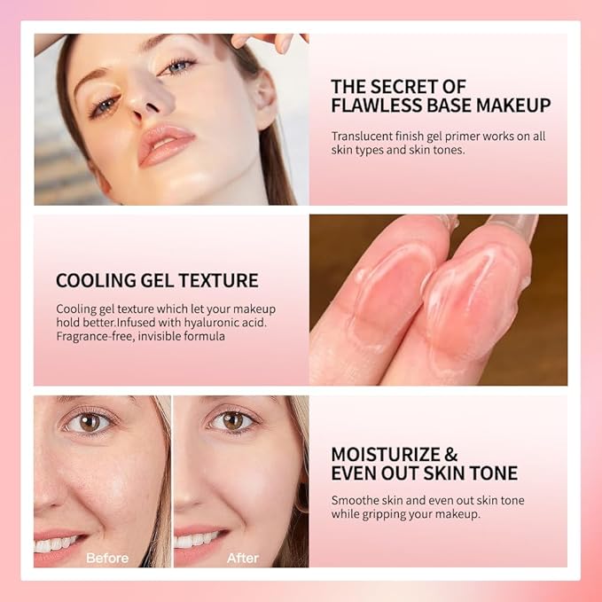 AKARY Gel-Based & Hydrating Face Primer For Smoothing Skin & Gripping Makeup With Hyaluronic Acid, Long-Wear Foundation Face Primer for Oil Control, Pores Fine Lines Minimizer, 0.81 Fl Oz, 01 Clear-BrightBean Baby