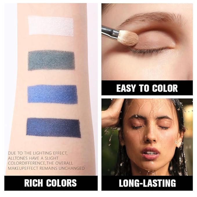 4 Colors Dark Peacock Green White Navy Sapphire Blue Eye Shadow Powder Palette Makeup, Highly Pigmented Waterproof Matte Shimmer Cream Quads Eyeshadow Palette for Women, paleta de sombras de ojos 08-BrightBean Baby