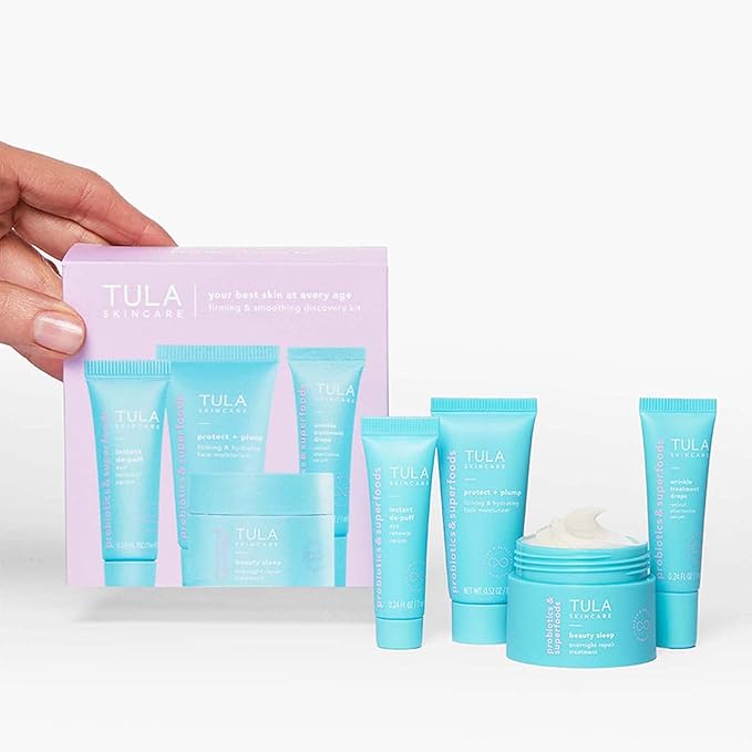 TULA Skin Care Your Best Skin at Every Age Level 2 Firming & Smoothing Discovery Kit - Wrinkle Treatment, Face Moisturizer, Eye Serum and Overnight Repair Treatment, Anti-Aging, 4-Piece Kit-BrightBean Baby