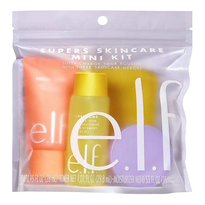 e.l.f. Skin Supers Mini Kit, Skincare Kit With A Toner, Cleanser, Moisturizer & Exfoliating Peel Pads, Brightens, Smooths & Hydrates Skin-BrightBean Baby