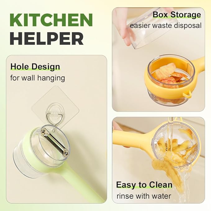 3 in 1 Peeler with Container, 2025 New Stainless Steel Peelers with Container with Handle Fruit Knife, Multifunctional Vegetable Peelers for Home Kitchen (Yellow)