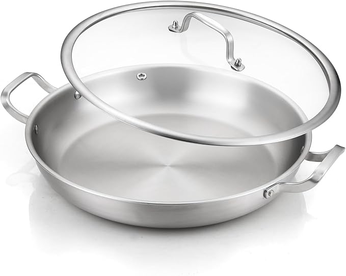 DELARLO 13" Tri-Ply Stainless Steel Paella Pan with Lid
