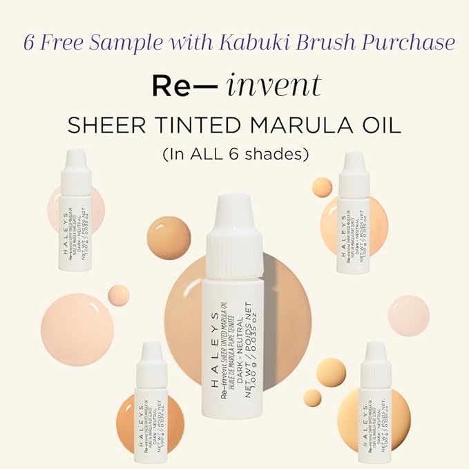 HALEYS Kabuki Makeup Brush + GWP Skin Tint Mini, VEGAN+CRUELTY-FREE, Sustainable Wood, Vegan Bristles for Airbrushed Finish, For Creams, Liquids, Powder, Streak-free, Perfect Blending, Buffs, Blurs-BrightBean Baby