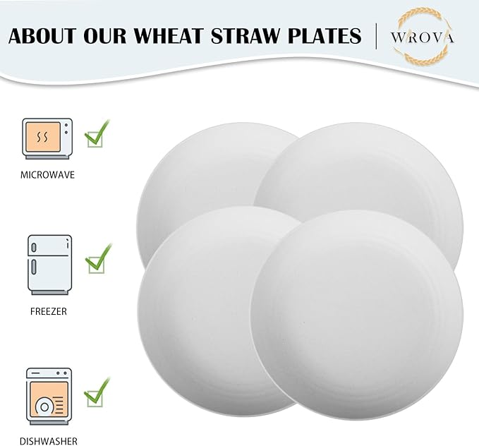 Wrova Wheat Straw Plates - 9 Inch Unbreakable Dinner Plates Set of 8 - Dishwasher & Microwave Safe Plastic Plates Reusable for Kitchen and Camping (white)