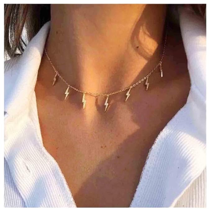 Boho Lighting Bolt Choker Necklace Gold Dangle Thunder Necklace Minimalist Collar Chain Necklace Weather Necklace Jewelry for Women and Girls-BrightBean Baby