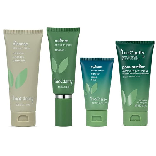 BioClarity 3-Step Essentials Skin Routine + Clarifying Mask for Normal & Oily Skin Types | Cleanse, Restore and Moisturize | Gentle Clean and Hydrate Face |100% Clean, Vegan Ingredients (Mini Size)-BrightBean Baby