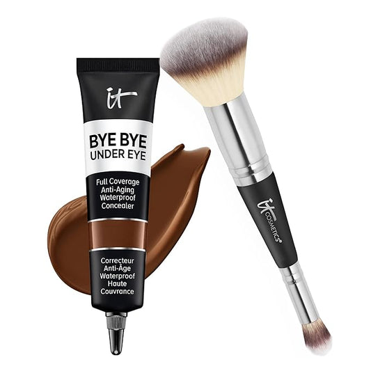 IT Cosmetics Makeup Set - Includes Supersize Bye Bye Under Eye Concealer (44.0 Deep) + Heavenly Luxe Complexion Perfection Concealer Brush (1 fl oz) - with Collagen, Hyaluronic Acid & Antioxidants-BrightBean Baby