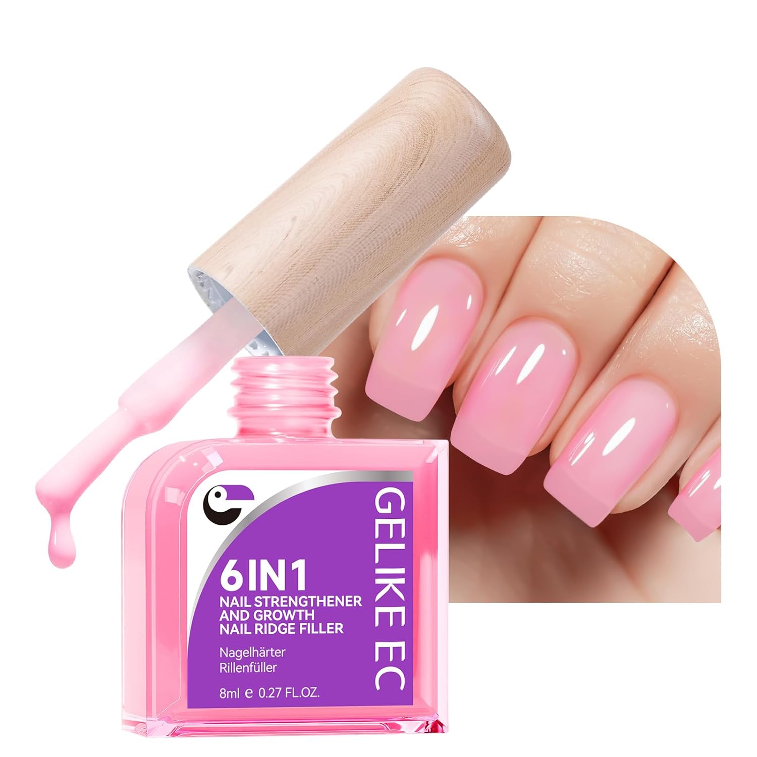 Nail Polish Strengthener and Growth Treatment: Pink Gelike EC 6 in 1 Natural Nail Hardener Extra Strong and Growth - Long Lasting Nail Repair for Damaged Nails - For Daily Work Home Salon-BrightBean Baby