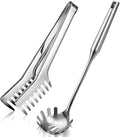 Patelai 2 Pcs Stainless Steel Pasta Spoon with Teeth Large Spaghetti Utensil, 9.4'' Tong and 13.6'' Pasta Fork with Vacuum Handle, Comfortable Grip Design Spoons for Kitchen(Sliver)