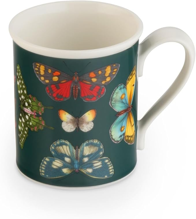 Spode Botanic Garden Harmony 14 oz Tankard Mug, Assorted Butterflies - Embossed Earthenware Coffee Cup, Dishwasher & Microwave Safe - Botanical Tea Cup for Spring Tableware (Green)