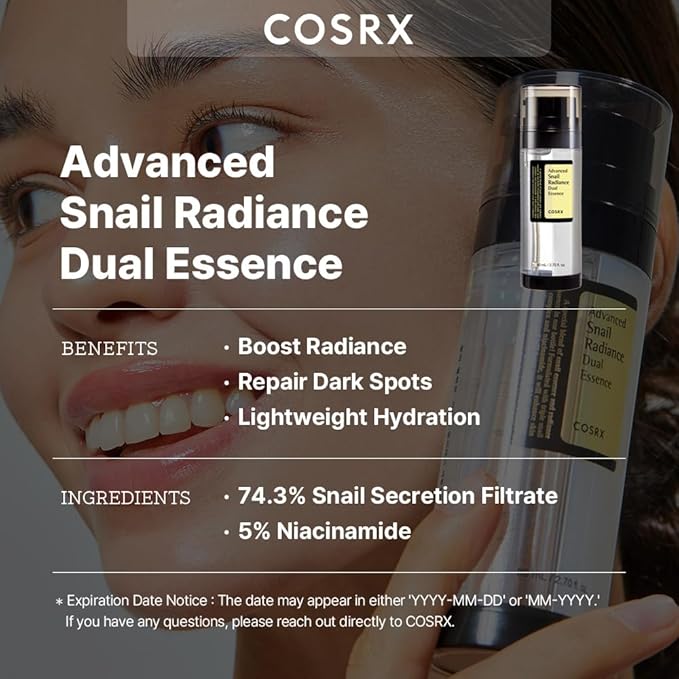 COSRX Niacinamide 5% + Snail Mucin 74% Dual Essence, Anti aging Face Serum for Dull Skin, Hydrating, Brightening, Repairing, 2.70 fl.oz / 80ml, Sensitive Skin, Not Tested on Animals, Korean Skincare-BrightBean Baby