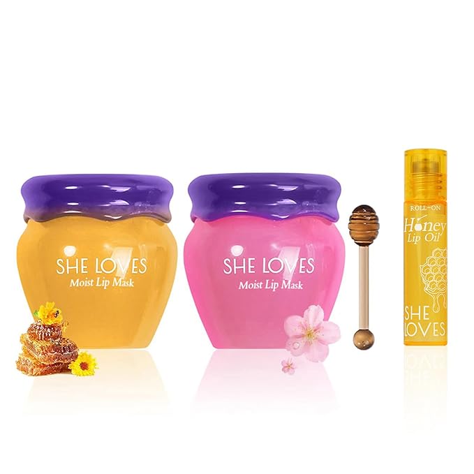 2PCS Lip Mask Overnight, Honey&Sakura Day and Night Repair Sleeping Lip Balm, Fade Lip Lines Bee Balm, Hydrating &Prevention Dry and Crack Lip Scrubs Exfoliator-BrightBean Baby