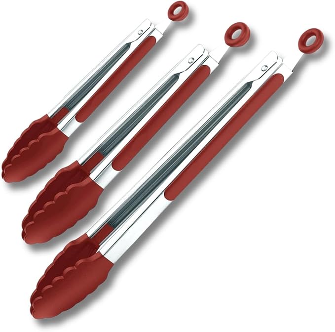 Red Stainless Steel Tongs Heat Resistant Kitchen Tongs Set - 7", 9" & 12" Inch, BBQ Tongs with Silicone Tip, Strong Grip for Cooking, Salad Tossing,Air Fryer, &Grill Tongs- Pull Lock, Red - Set of 3
