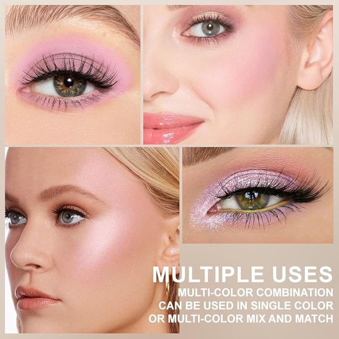 6-in-1 Cream & Powder Makeup Palette for Old Women – Blush, Highlighter & Eyeshadow, Matte & Shimmer Finish, Rose Nude Tones, Travel-Friendly Compact 03-BrightBean Baby