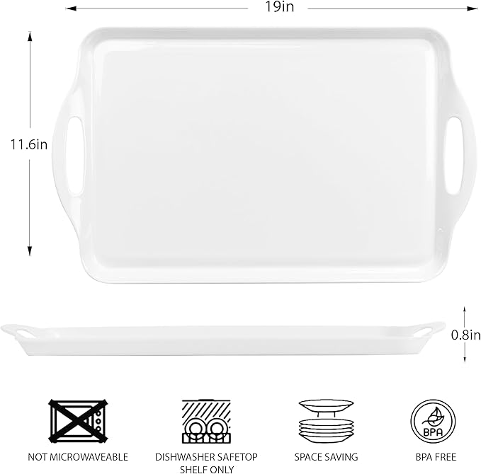 Extra Large White Serving Tray with Handles, 19''x11.6'' Melamine Platters, Rectangular Trays for Serving Food, Turkey, Cookie, Cupcakes, Desserts, Dishwasher Safe, BPA-Free, Set of 2