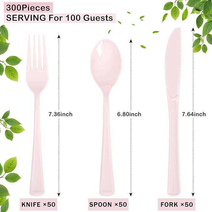 Supernal 300 Pieces Pink Plastic Silverware Heavy Duty Disposable Silverware Pink Utensils Disposable Cutlery Set 100 Forks 100 Knives 100 Spoons for Wedding Party Supplies Everyday Use