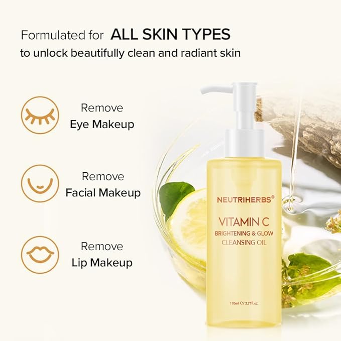 Neutriherbs Makeup Remover Oil Cleanser, Vitamin C Cleansing Oil for Long Last and Waterproof Makeup, Sunscreen, Fit All Skin Type - 3.71 Fl.Oz-BrightBean Baby