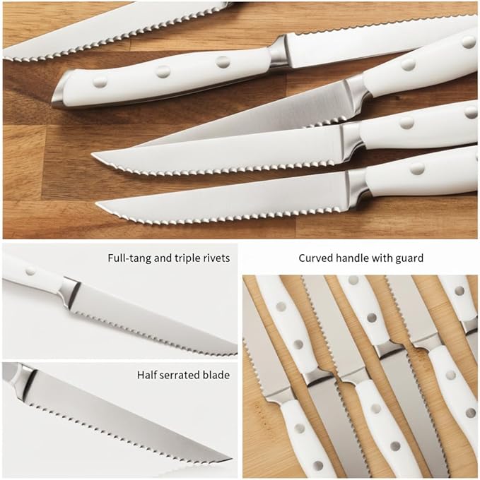 Alata 8-Piece White Steak Knives Set with Block, Stainless Steel Steak Knife set with Serrated Edge, Razor-Sharp, Full-Tang Construction, Dishwasher Safe